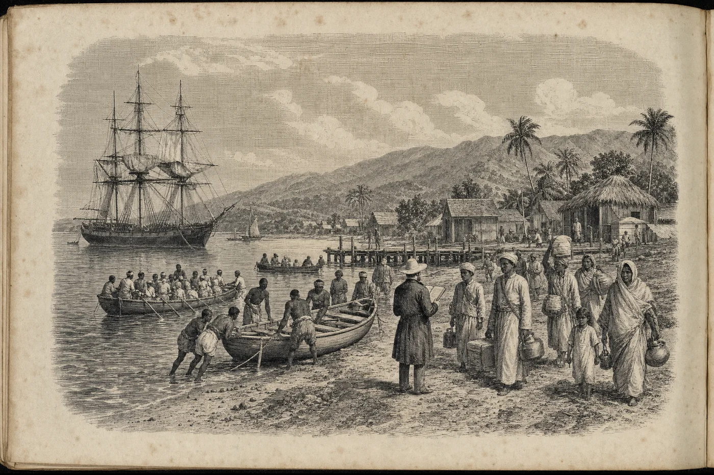 Engraving-style illustration of a sailing ship at anchor and Indian workers coming ashore at Old Harbour Bay in 1845.