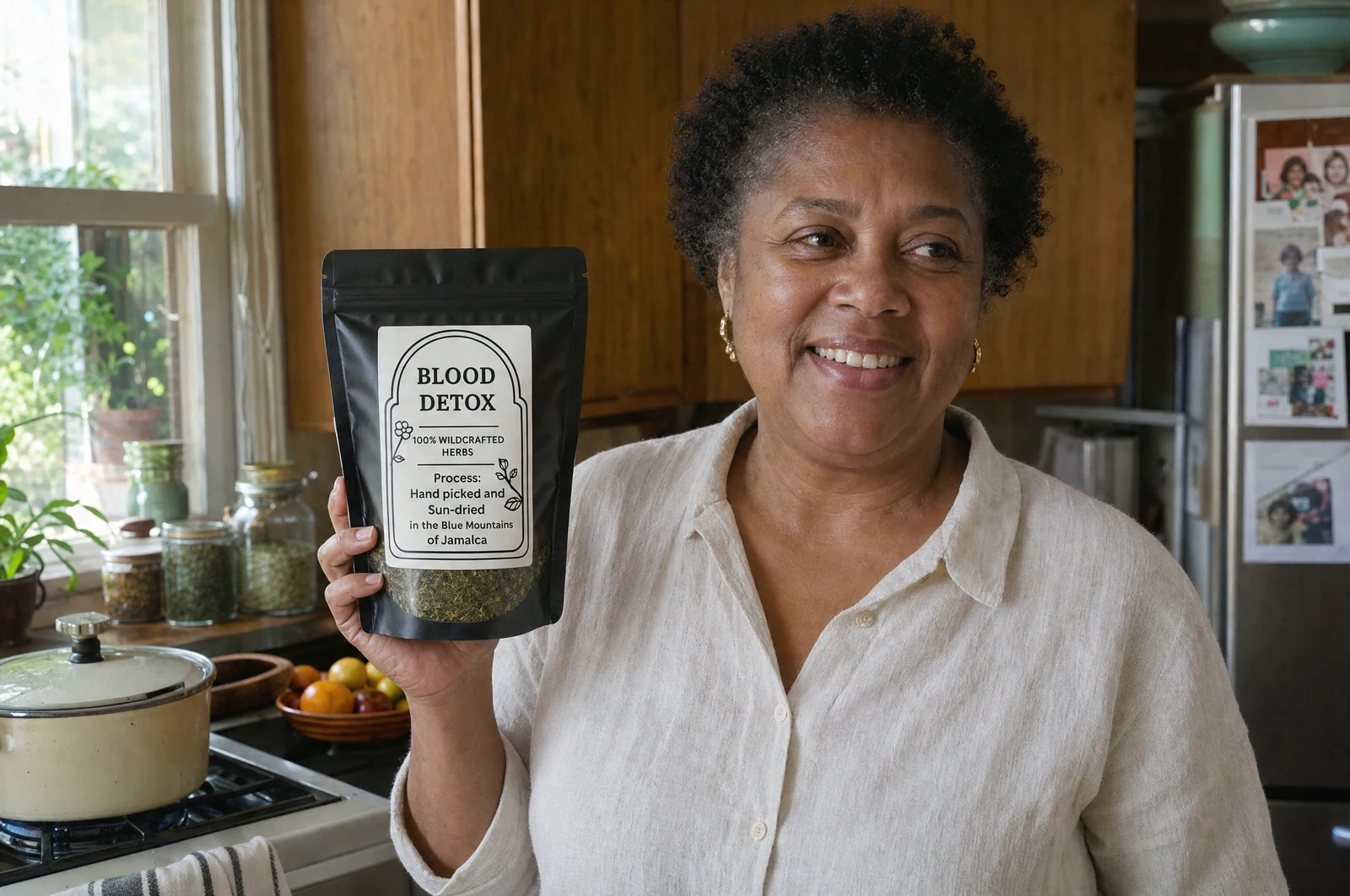 Woman holding a Blood Detox pouch in her kitchen