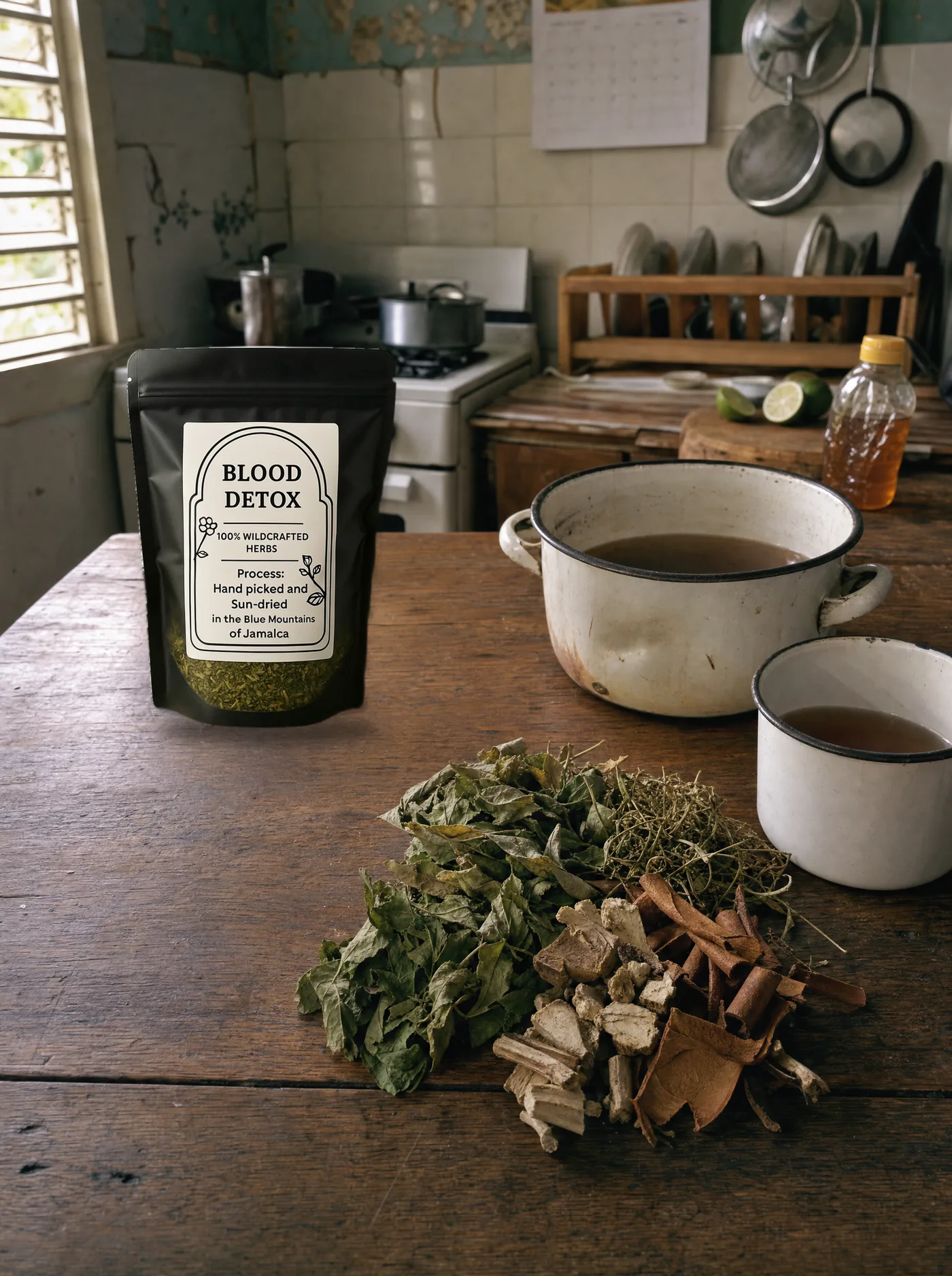 Blood Detox pouch with the loose herbs spilling out beside it.